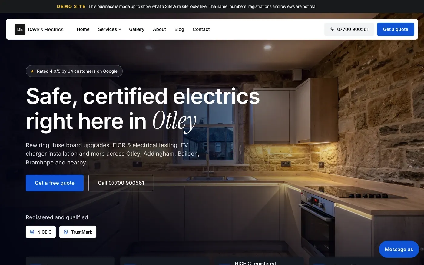 The home page of the demo electrician's site, showing his services, the towns he covers and his registrations.