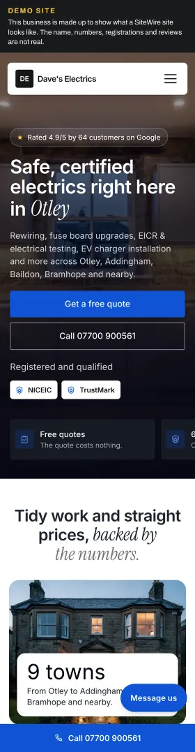 The demo electrician's site on a phone: his town, his star rating, his services and his scheme registrations.