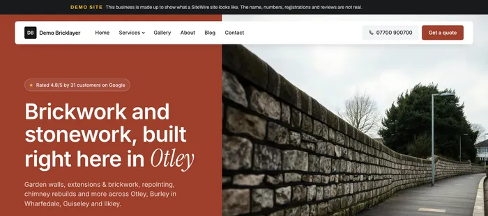 The bricklayer demo home page: "Brickwork and stonework, built right here in Otley".