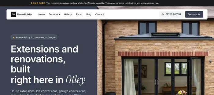 The builder demo home page: "Extensions and renovations, built right here in Otley".