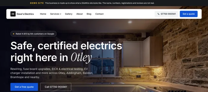 The electrician demo home page: "Safe, certified electrics right here in Otley".