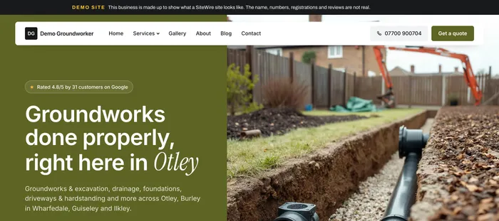 The groundworker demo home page: "Groundworks done properly right here in Otley".