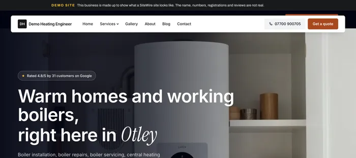 The heating engineer demo home page: "Warm homes and working boilers right here in Otley".