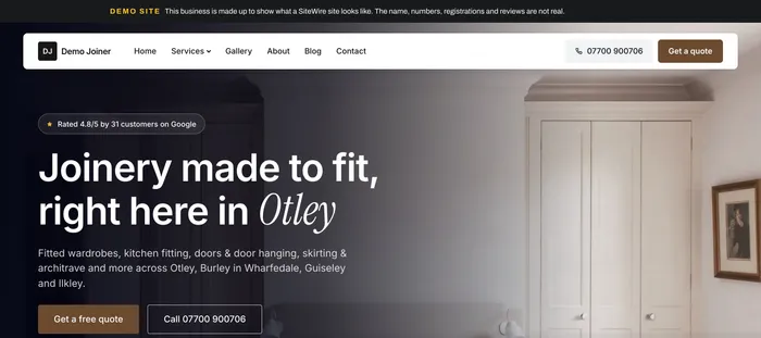 The joiner demo home page: "Joinery made to fit right here in Otley".