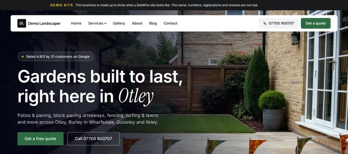 The landscaper demo home page: "Gardens built to last right here in Otley".
