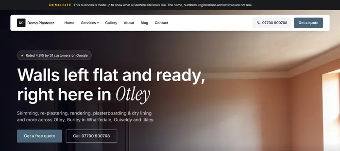 The plasterer demo home page: "Walls left flat and ready right here in Otley".
