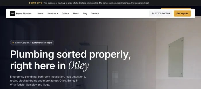 The plumber demo home page: "Plumbing sorted properly right here in Otley".