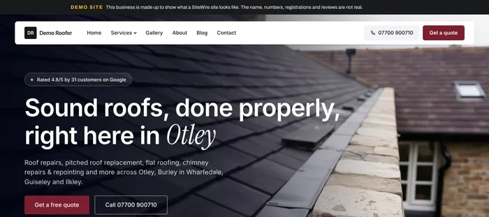The roofer demo home page: "Sound roofs, done properly right here in Otley".