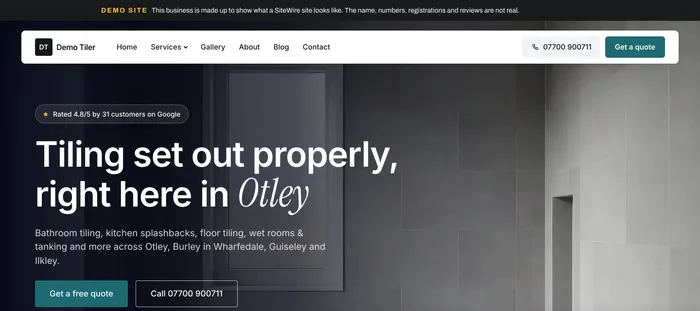 The tiler demo home page: "Tiling set out properly right here in Otley".